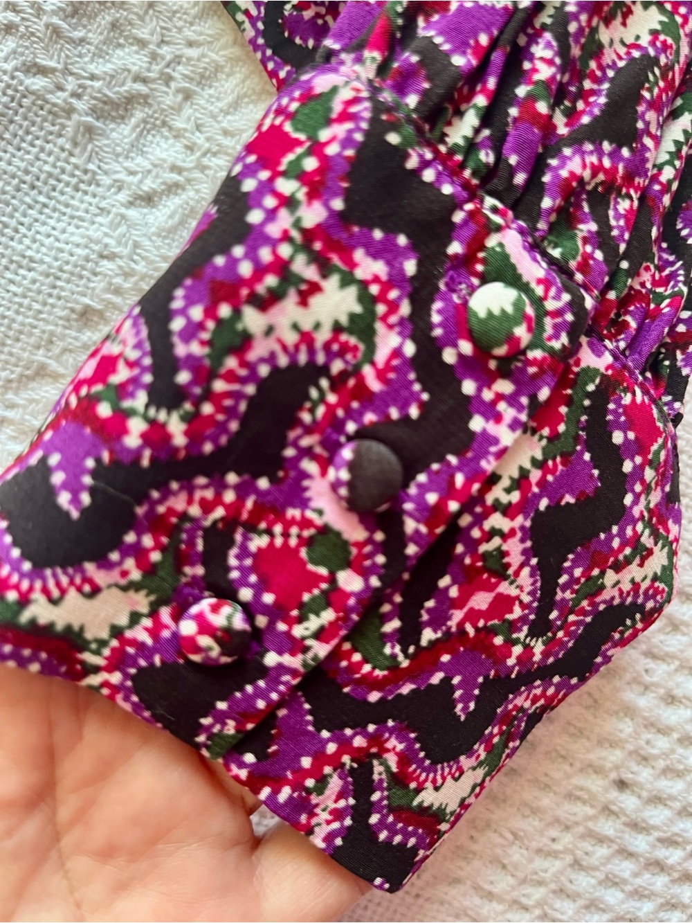 SUNCOO Purple & Magenta Pattern Blouse, V-Neck Long-Sleeve Frilly Collar Ditsy - Picture 12 of 13